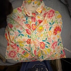 Fate Floral Button-Up Blouse in White with Pink, Yellow & Teal Flowers